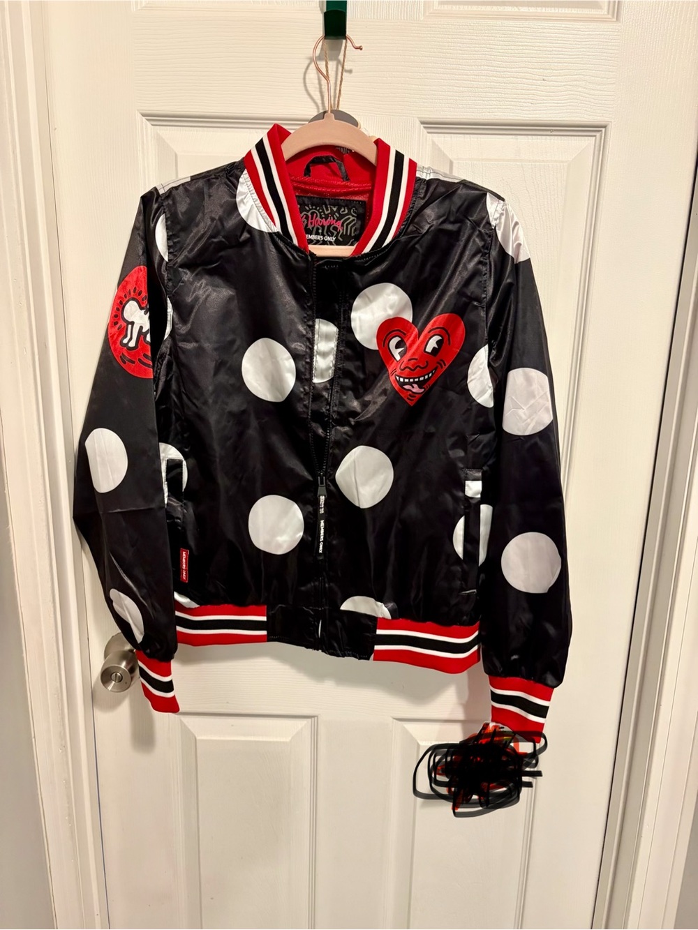 K. Haring Black Polka Dot Bomber Jacket with Red Heart Patch